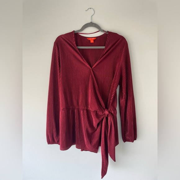 Joe Fresh Maroon Silky Wrap Long-Sleeve Blouse Top with Button Closure - Picture 1 of 4